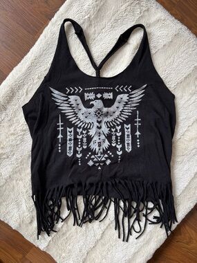 2/$20 Black Fringe Camisole with Silver Eagle Print